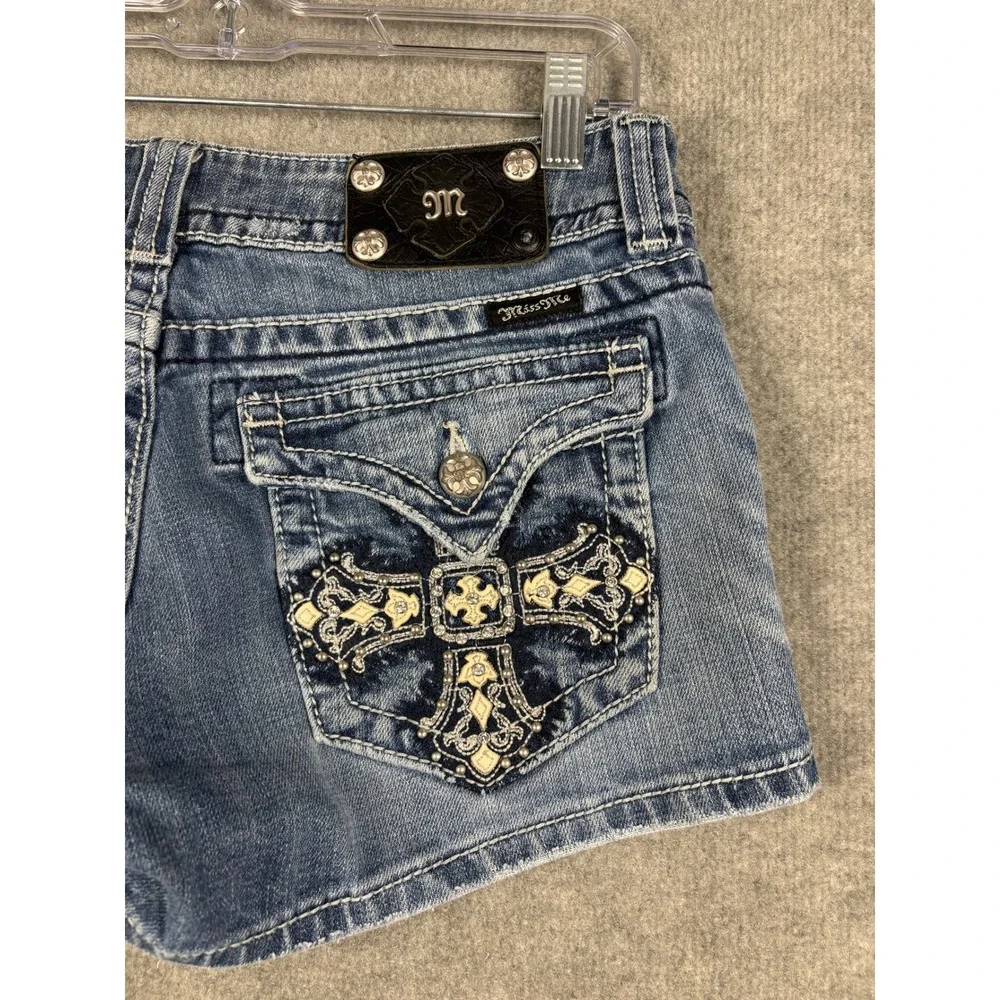 Miss Me JP5046H10 Denim Shorts Cross Embroidery Rhinestone 29 Blue